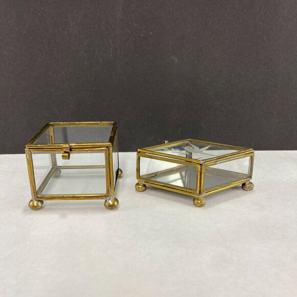 Vintage Leaded Glass Brass Trinket Boxes Lot of 2 - Picture 1 of 12